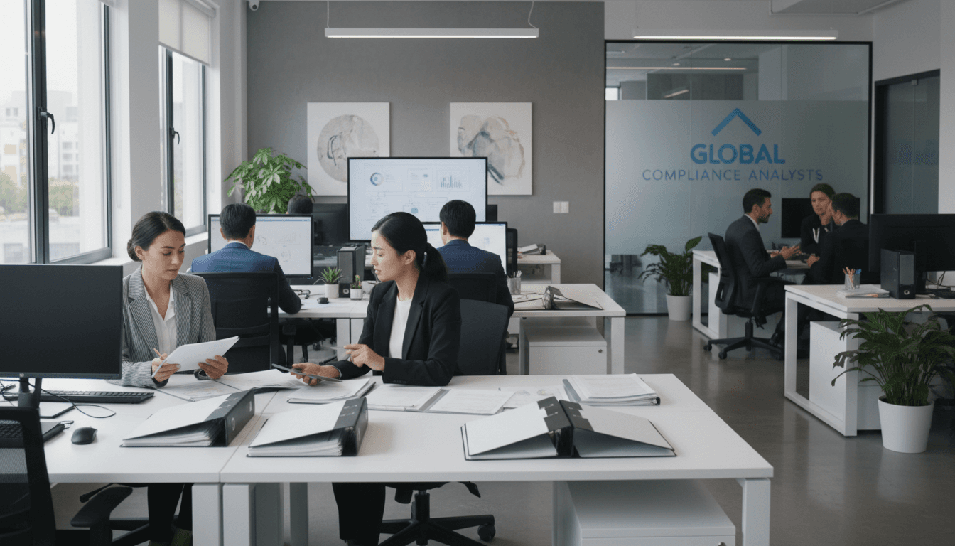 Professional team member reviewing compliance documentation in a modern office setting