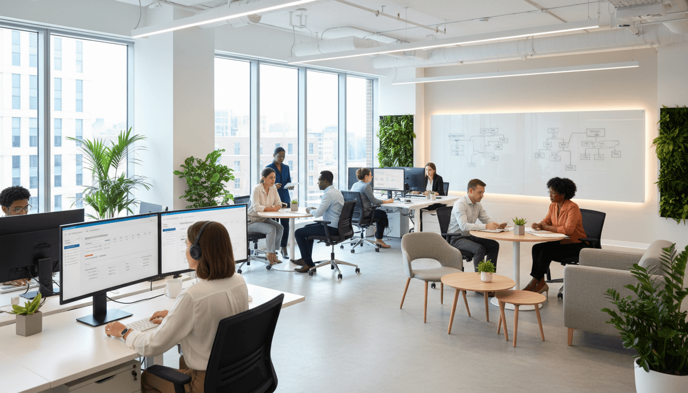 Modern consulting office with diverse professionals working on HR strategy, technology dashboards, and collaborative planning at various workstations