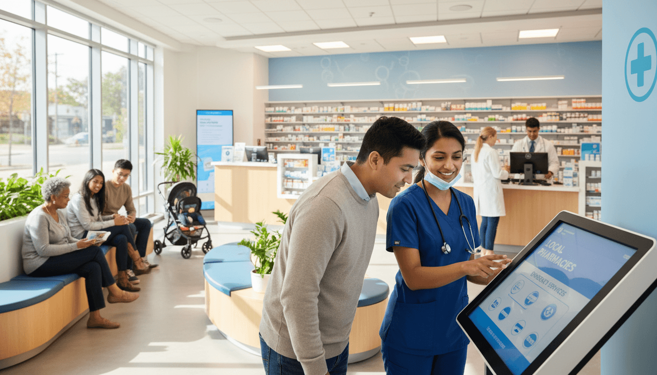 Diverse patients and healthcare workers in community clinic using digital pharmacy and emergency services information kiosk