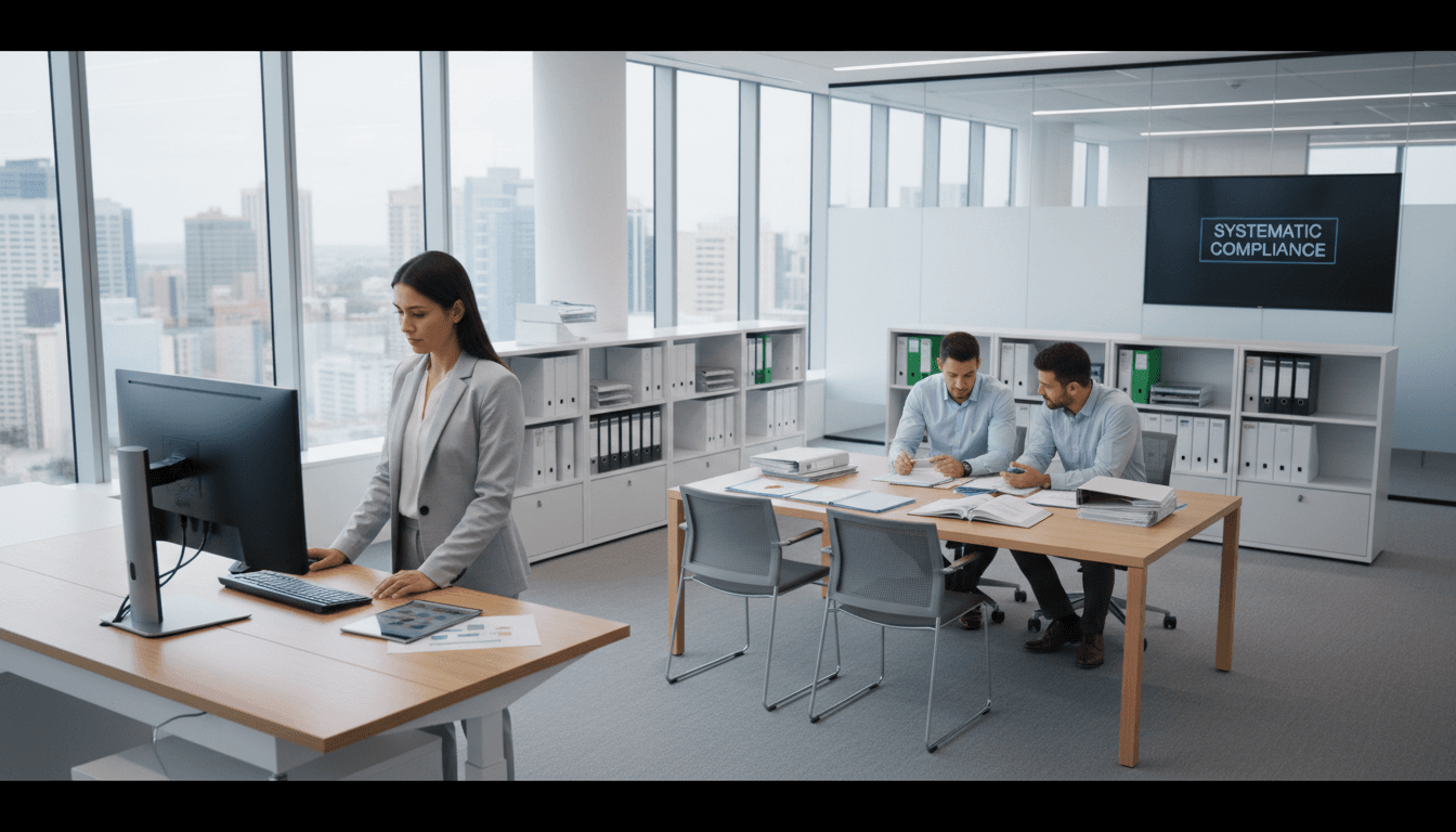 Professional compliance and screening workspace with organized documentation and materials