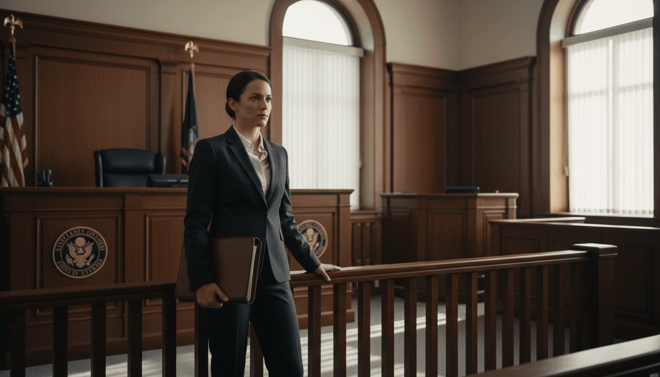 Defense attorney standing confidently in formal courtroom environment during legal proceeding with judicial architecture visible
