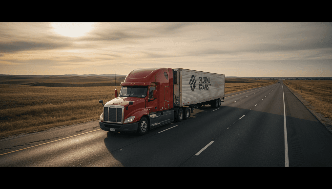 Commercial freight truck traveling on interstate highway during golden hour with expansive landscape