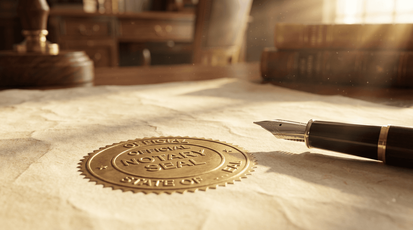 Notary seal being pressed onto official compliance document on a professional desk