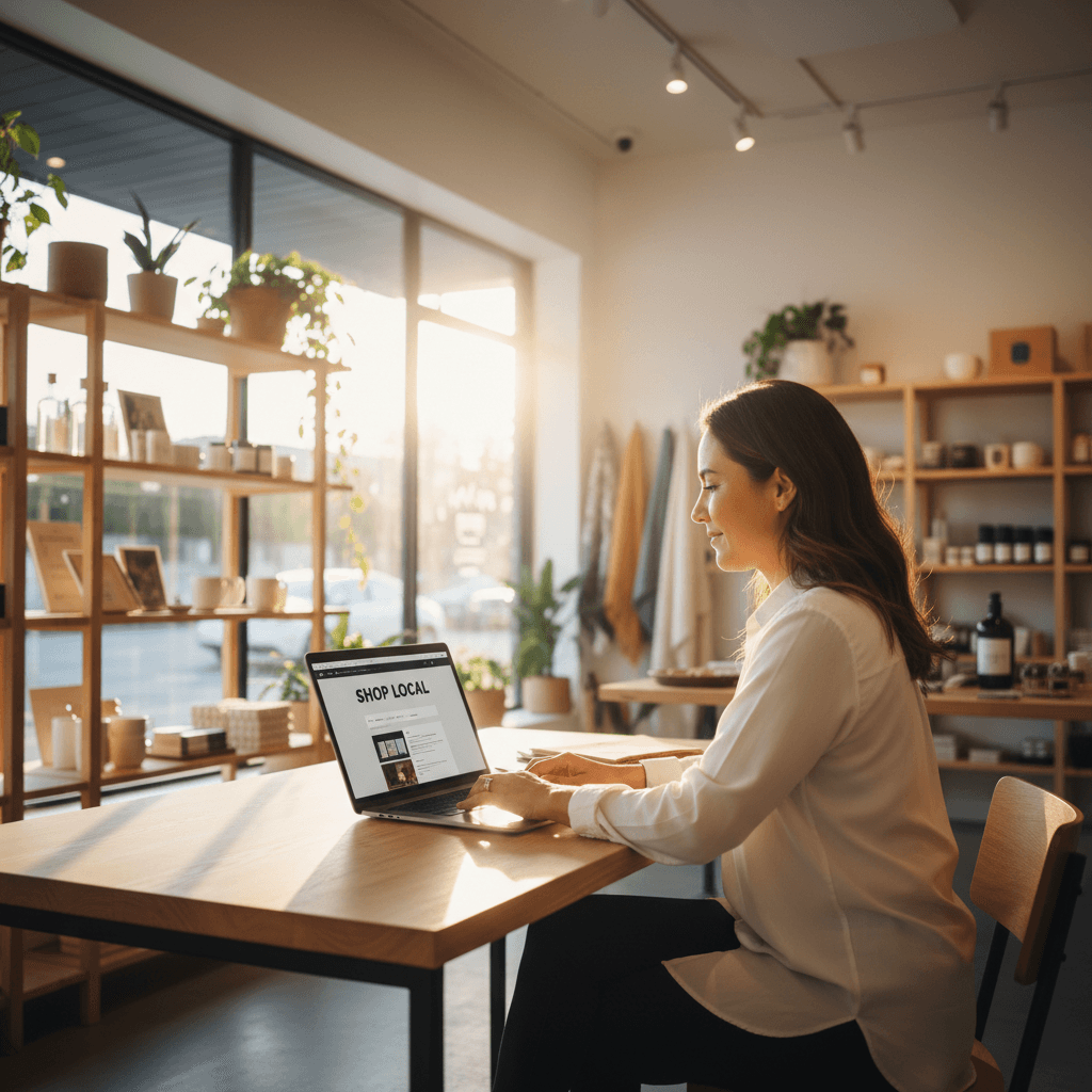 Small business owner at desk reviewing website on laptop in bright retail shop with natural window lighting