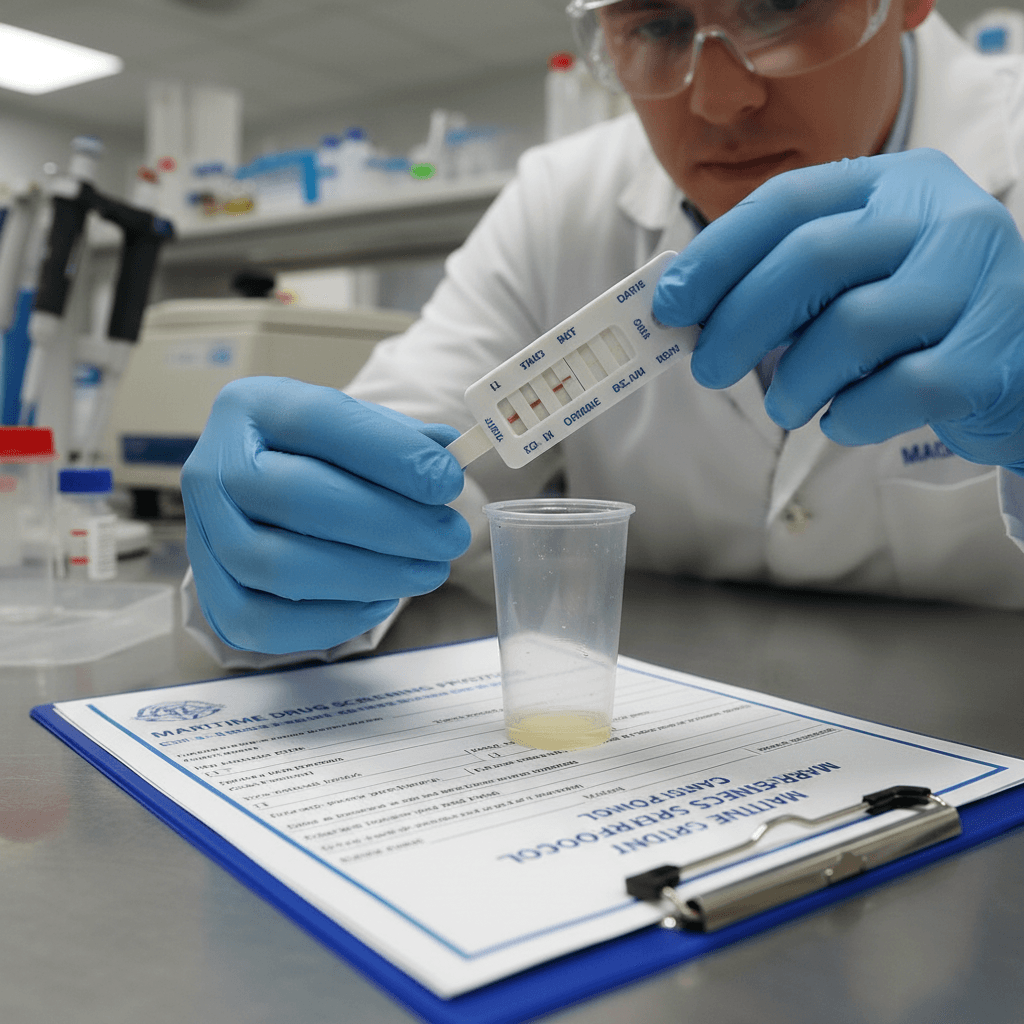 Laboratory technician's hands performing drug screening test with specimen container and documentation in professional maritime health laboratory