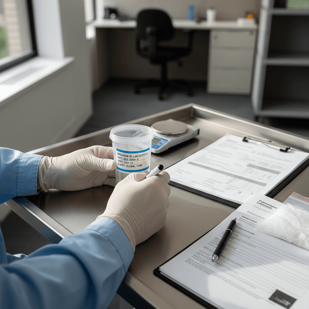 Professional technician conducting a DOT drug screening with a client in a mobile compliance setting