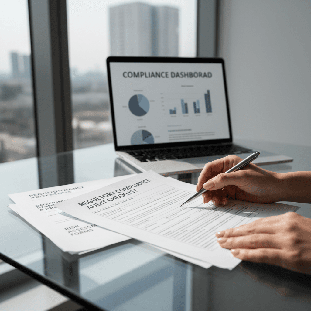 Compliance specialist reviewing screening documents at desk