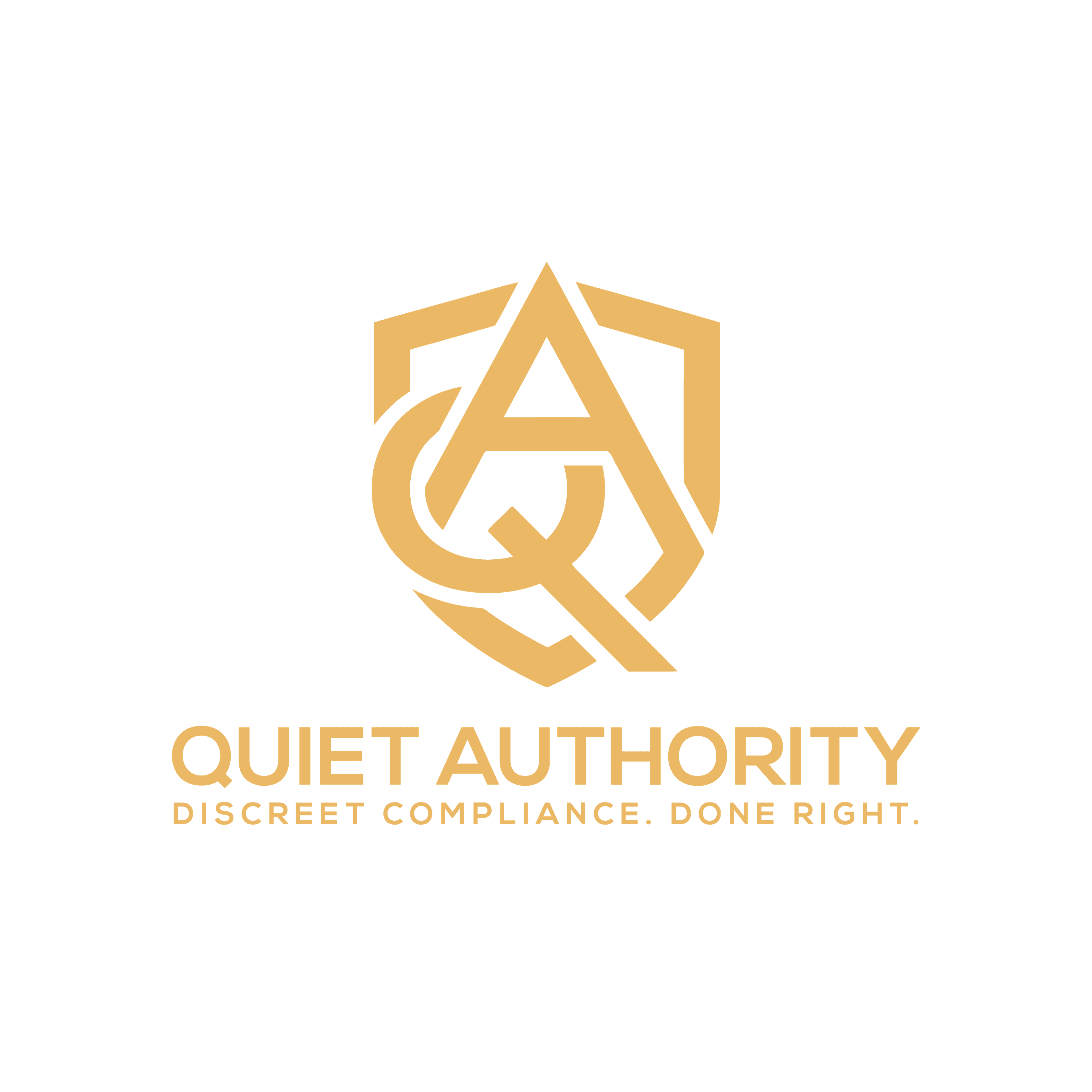 Gold Quiet Authority logo featuring interlocking letters Q and A inside a shield icon.