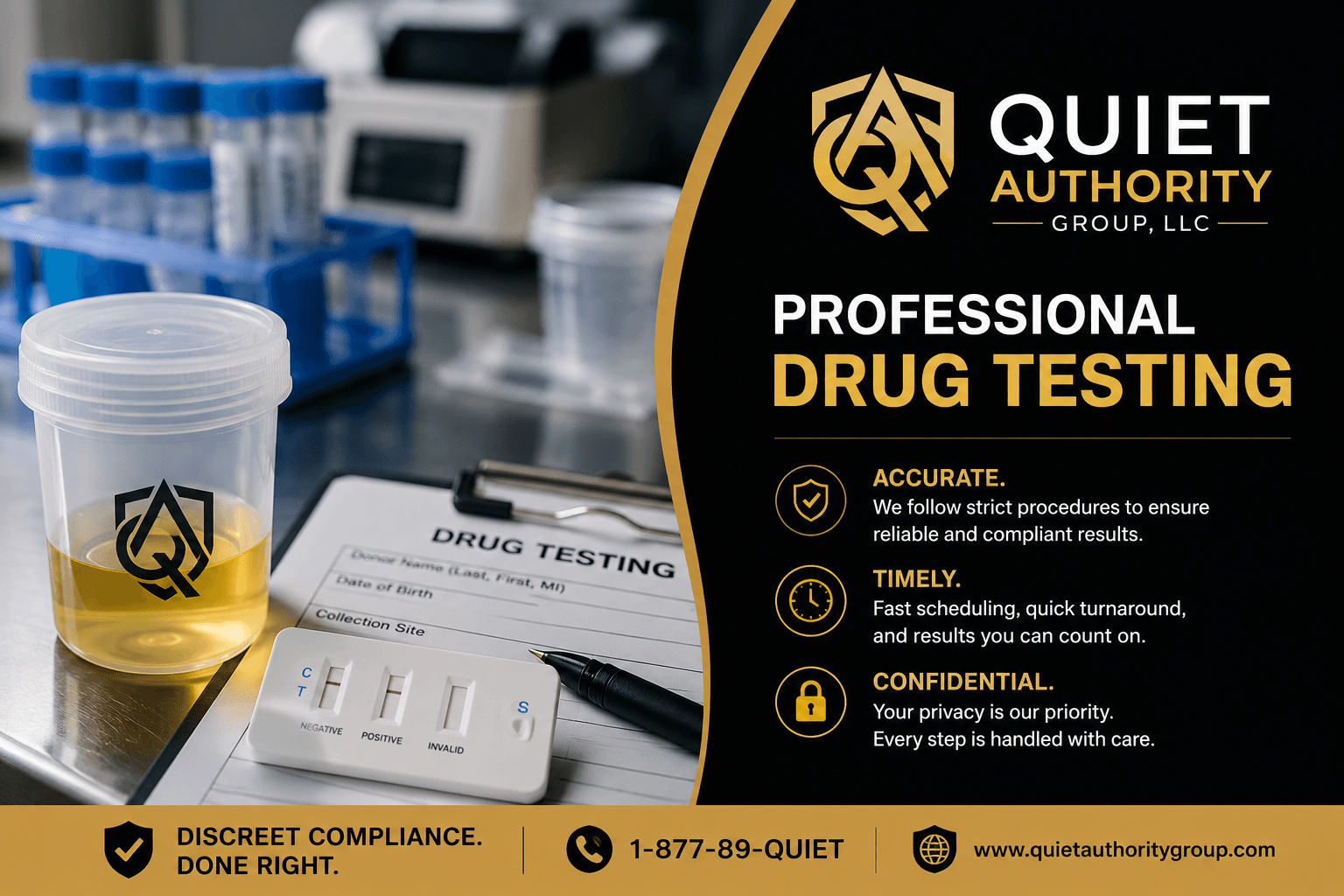 Quiet Authority Group professional drug testing advertisement featuring a urine sample and test kit.