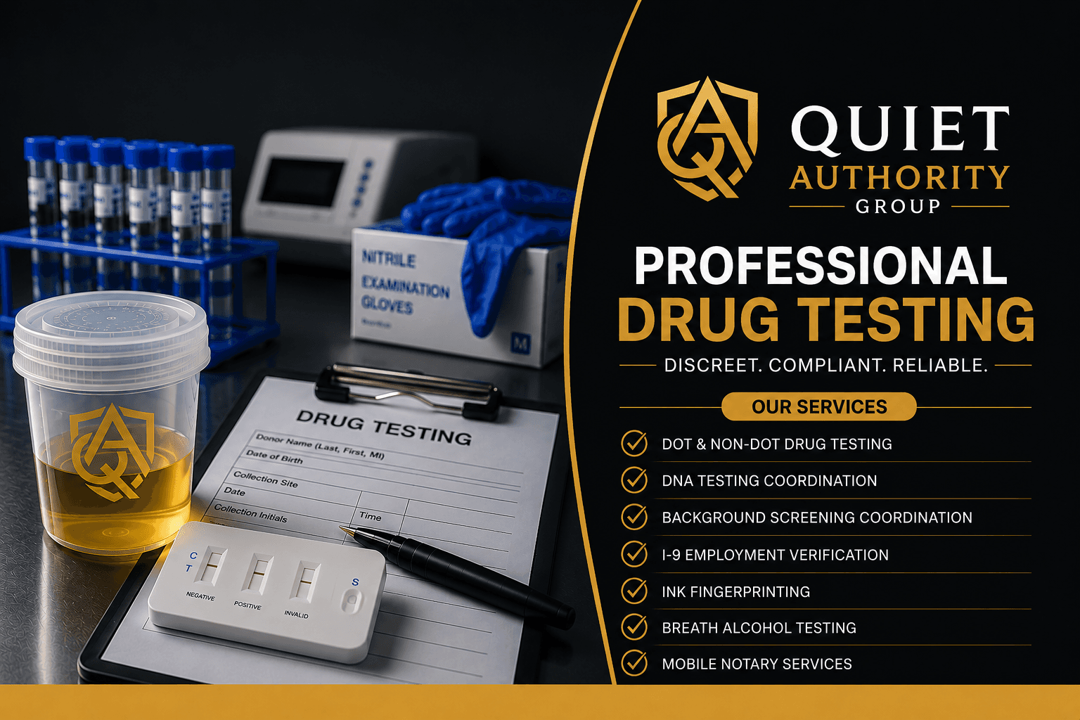 Quiet Authority Group professional drug testing advertisement showing a urine sample, test kit, and services.